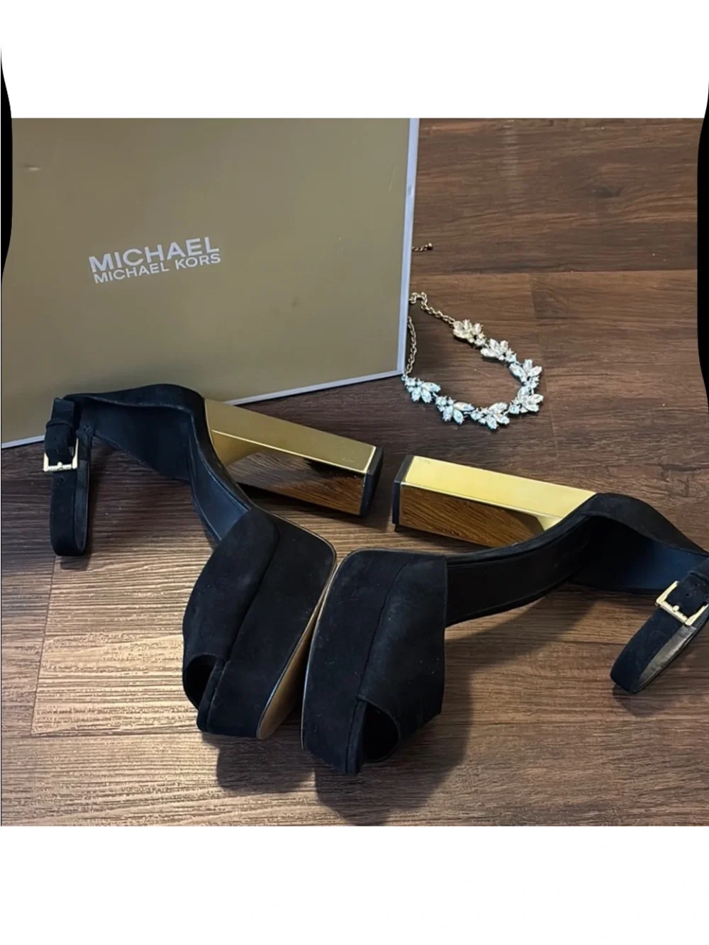 Michael Kors Black Suede Platform Sandals with Gold 3D Heel